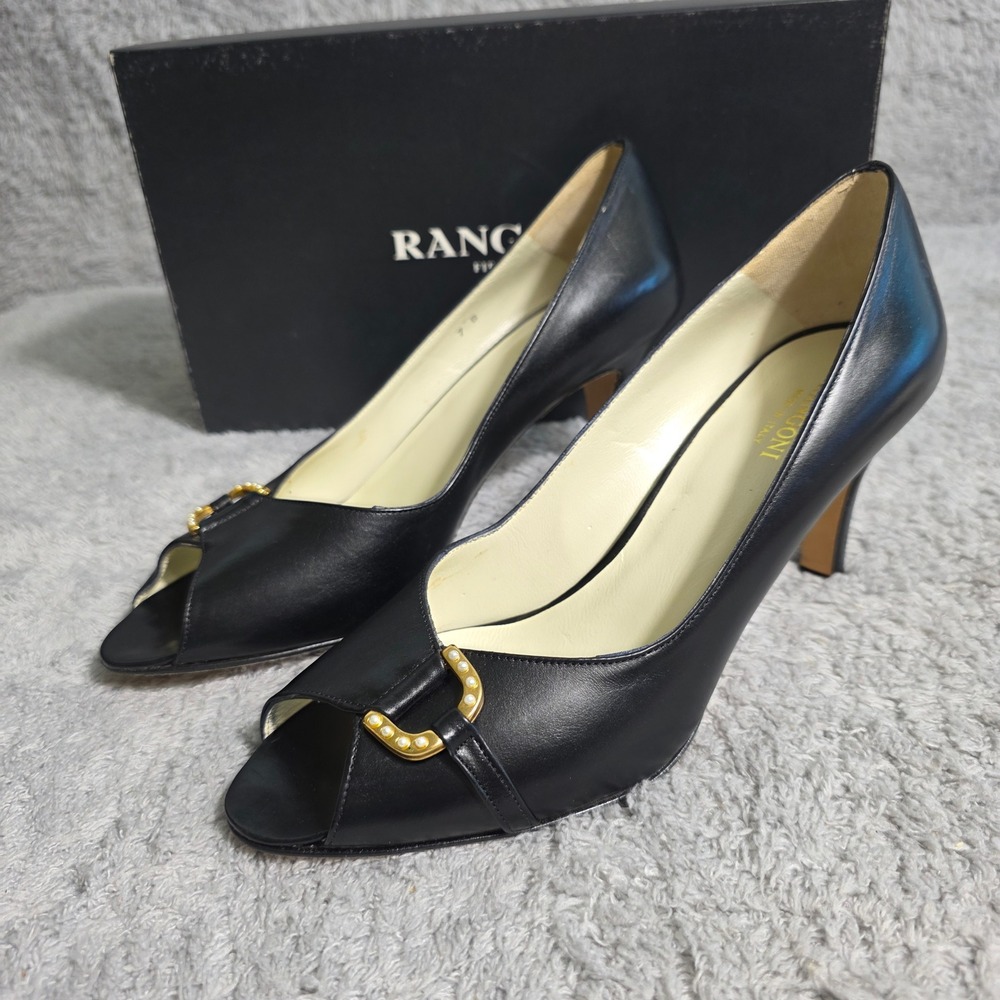 VTG Rangoni Firenze Black Italian Leather Peep Toe Pearl‎ Buckle Heels  7 B NEW
